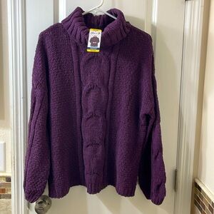 NWT Seven7 chenille cowl neck cable knit sweater. Dark smoky purple. Medium.